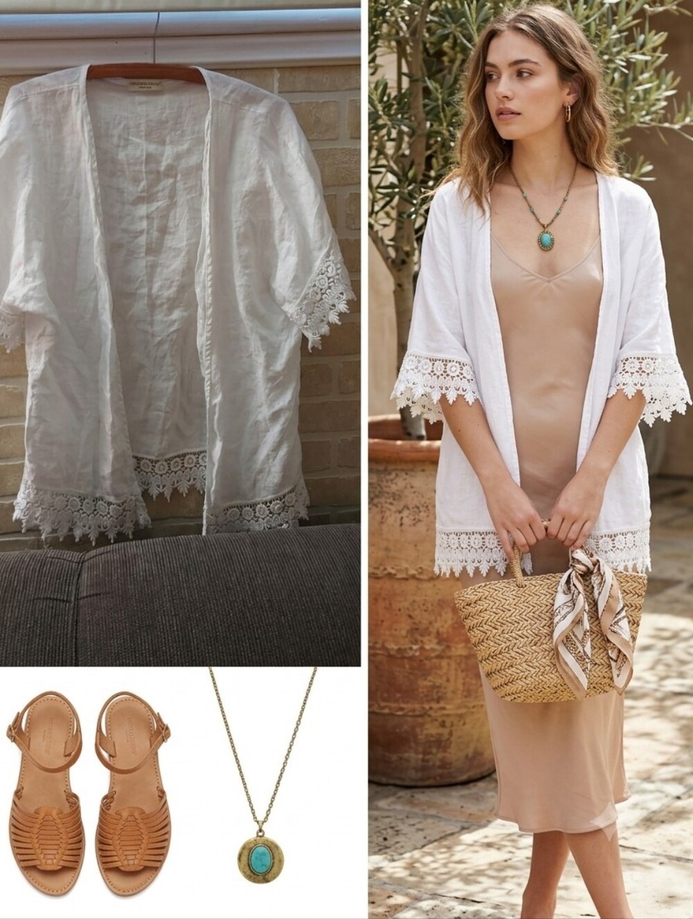 TERZO MILLENNIO Made in Italy 100% Linen Lace-Trim Kimono Cardigan - OS